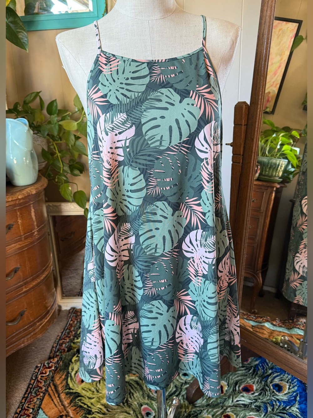 HULA BAY Sage And Coral Tropical Monstera Print Mini Dress, Spaghetti Straps, XL